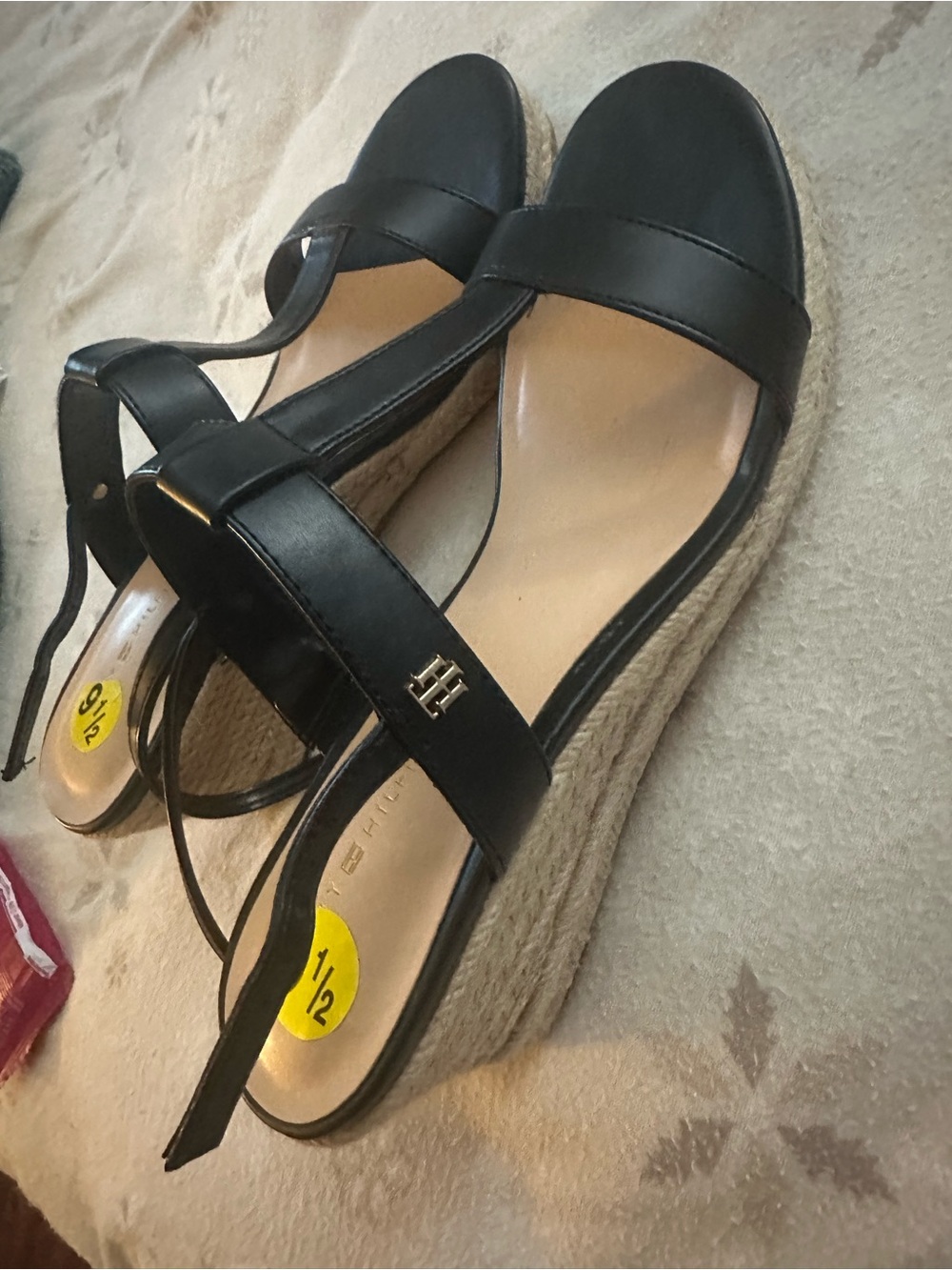 Tommy Hilfiger Black Leather Espadrille Wedge Sandals